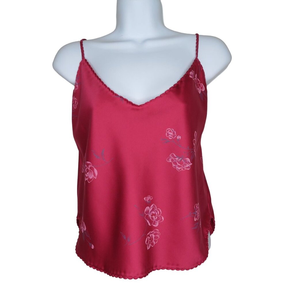Vintage 80s Mervyns Sabrina Satin Camisole Tank Top M Floral Low Back USA Made